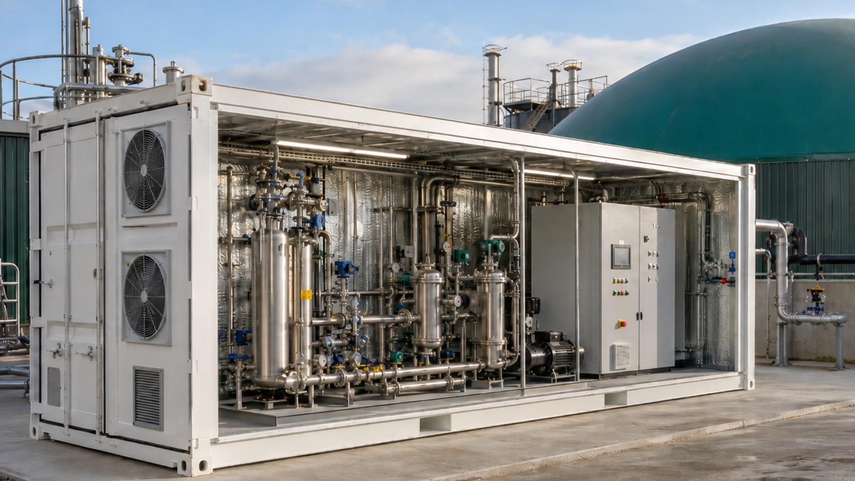 Container per impianto biogas con tubazioni, sistemi di filtrazione e quadro elettrico, installato accanto a un digestore.