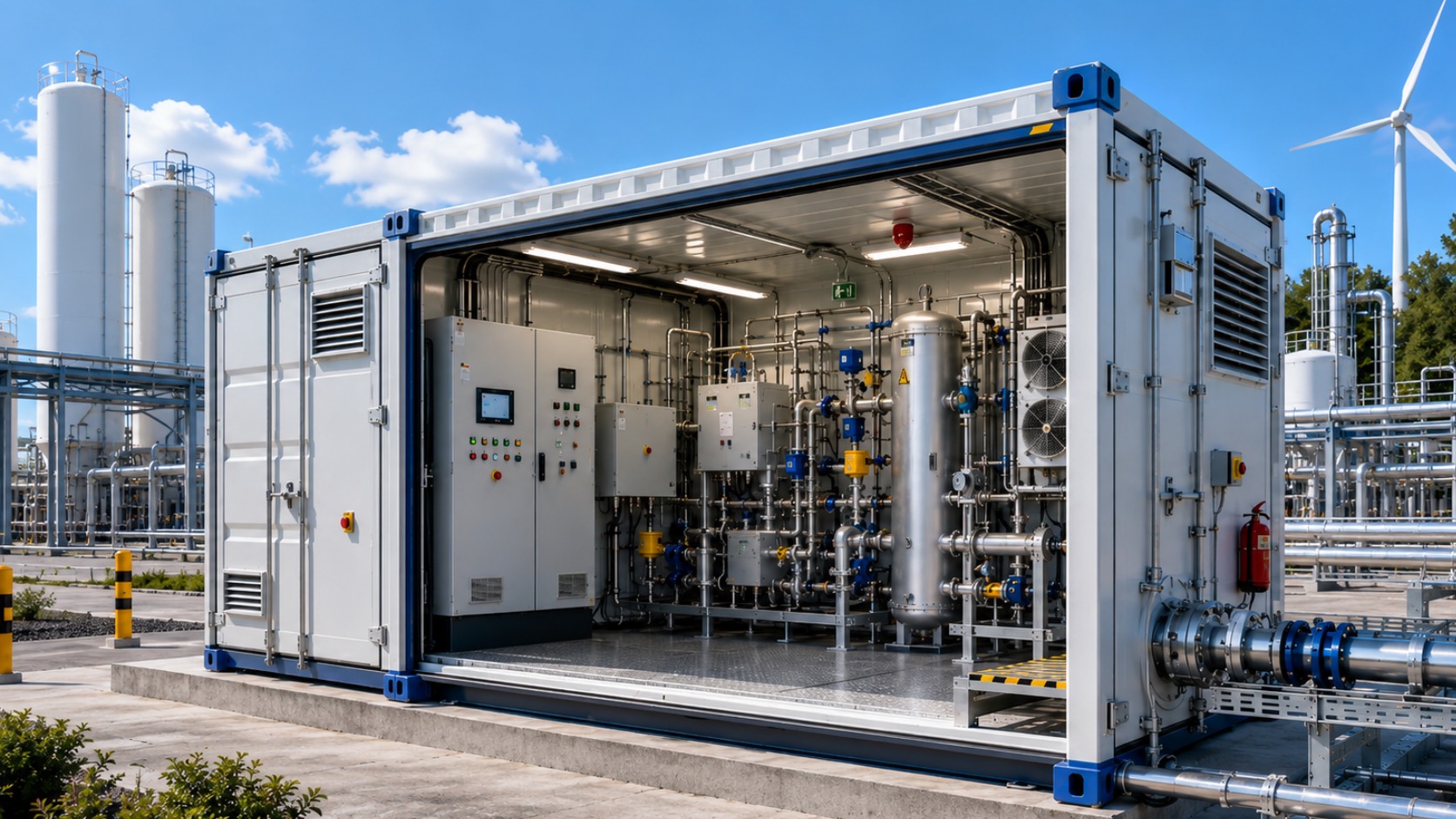 Container industriale aperto con impianto a idrogeno, tubazioni, serbatoi e quadri di controllo in un sito energetico.