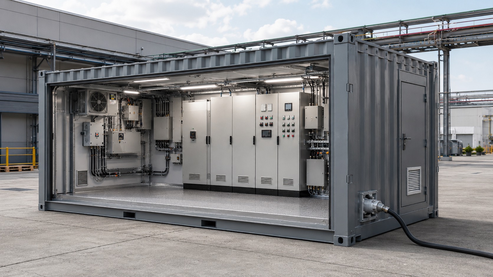 Container industriale Plug & Play con quadri elettrici, sistemi di controllo e collegamento esterno, installato in uno stabilimento produttivo.