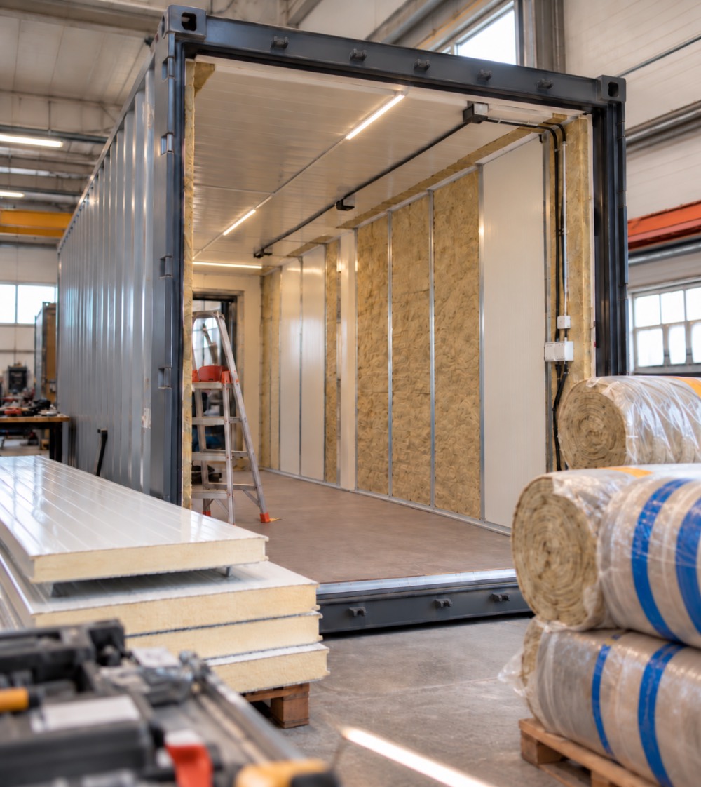 Interno di container in fase di coibentazione in officina, con isolamento in lana minerale, pannelli sandwich per il rivestimento e impianto elettrico.
