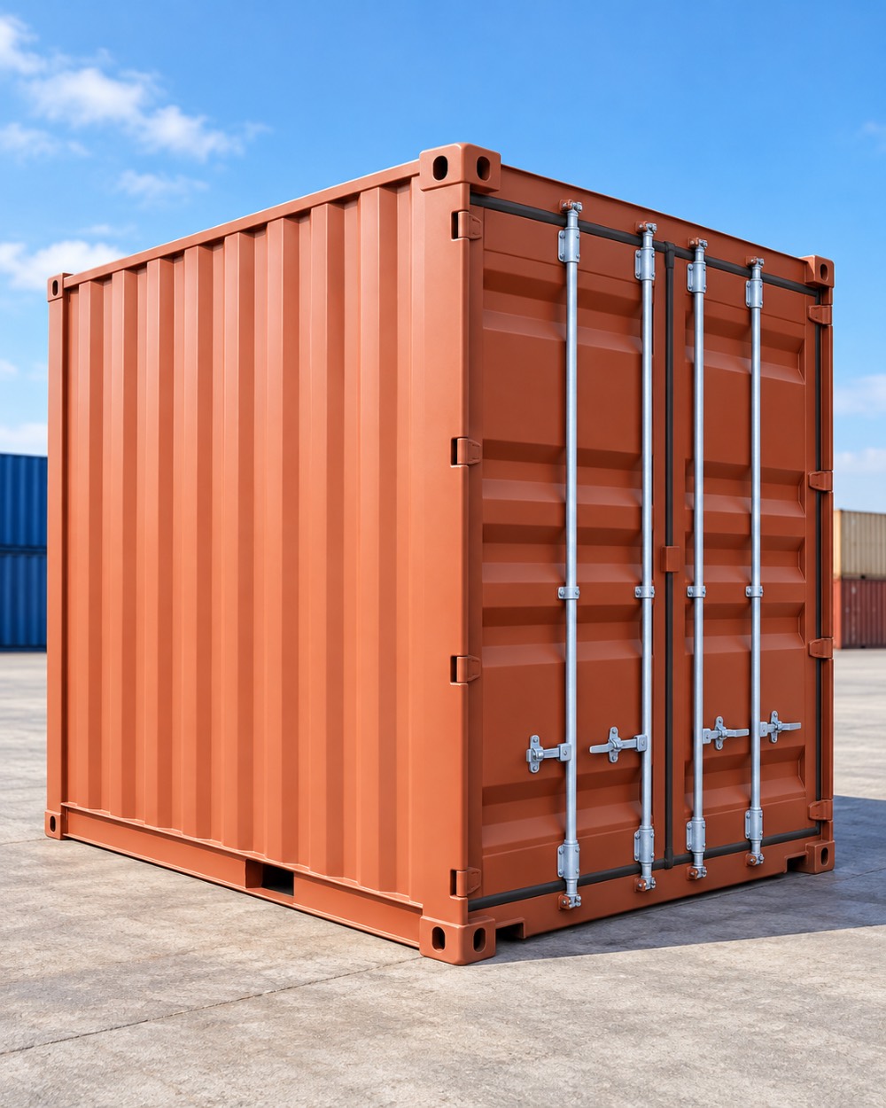 Container 10 piedi High Cube colore rosso mattone, vista prospettica con porte chiuse e struttura in acciaio, posizionato su piazzale industriale.