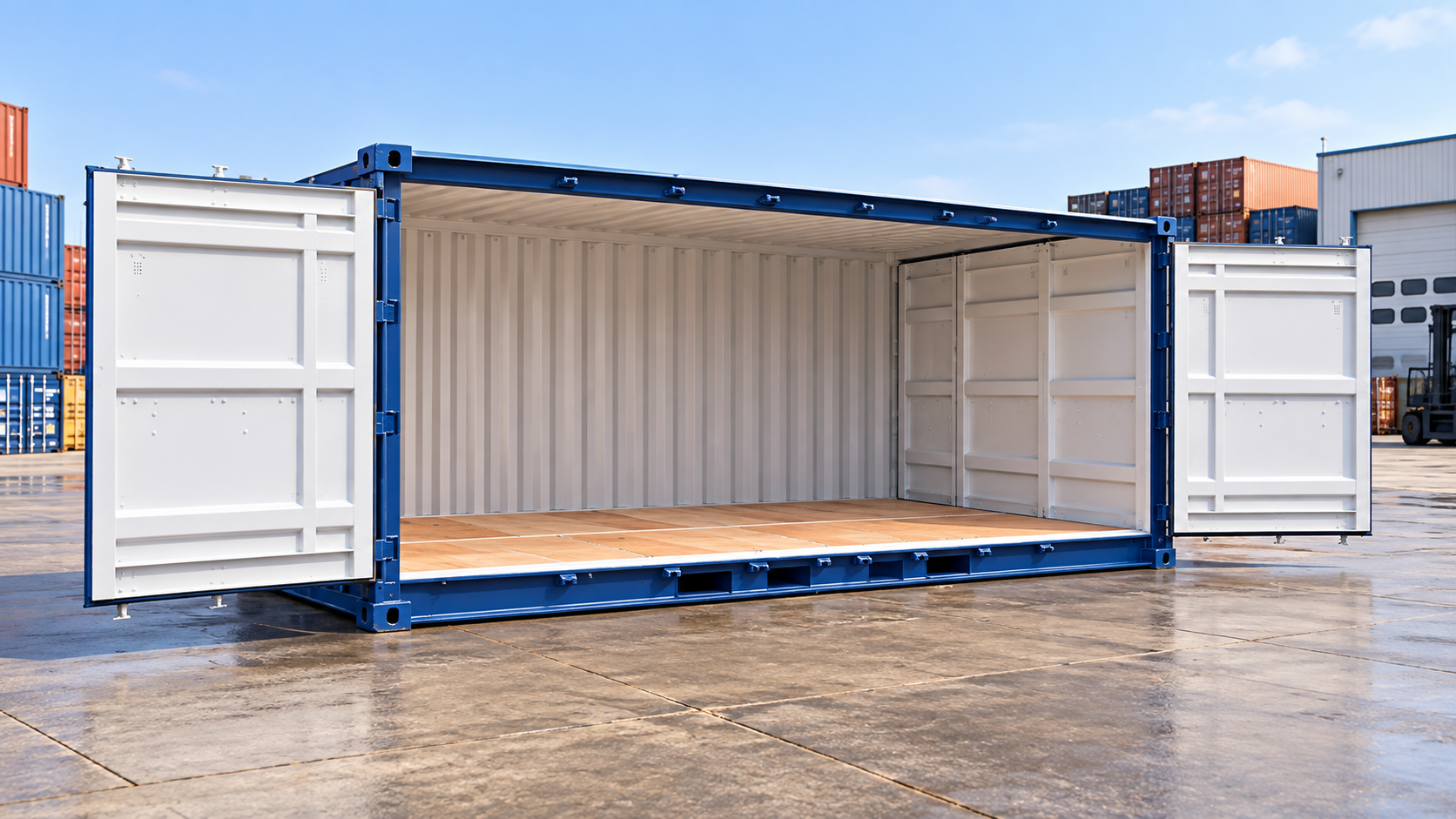Container 20 piedi open side con porte laterali completamente aperte per carico e accesso facilitato