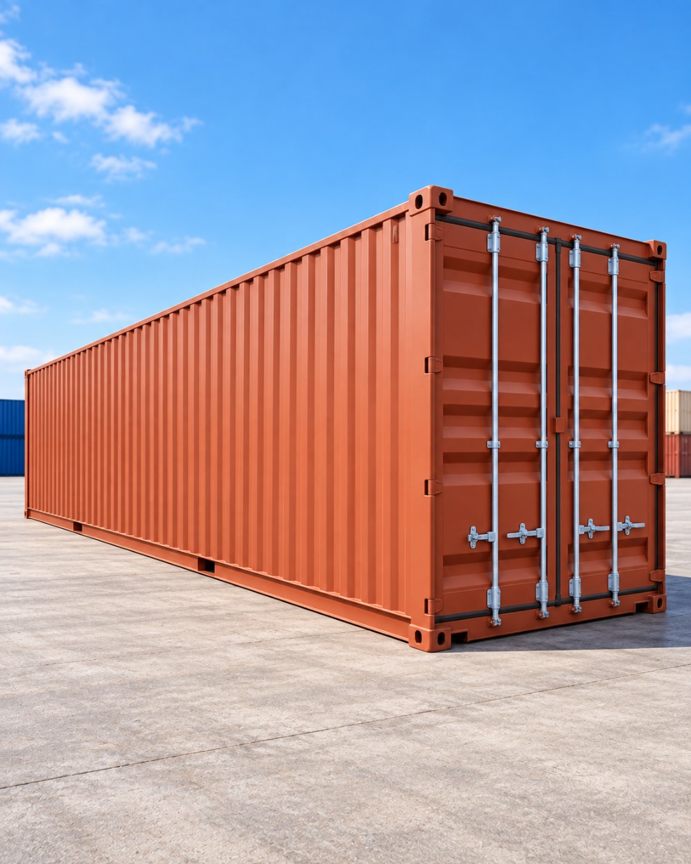 Container 45 piedi High Cube colore rosso mattone, vista prospettica con porte chiuse e struttura in acciaio, posizionato su piazzale industriale.