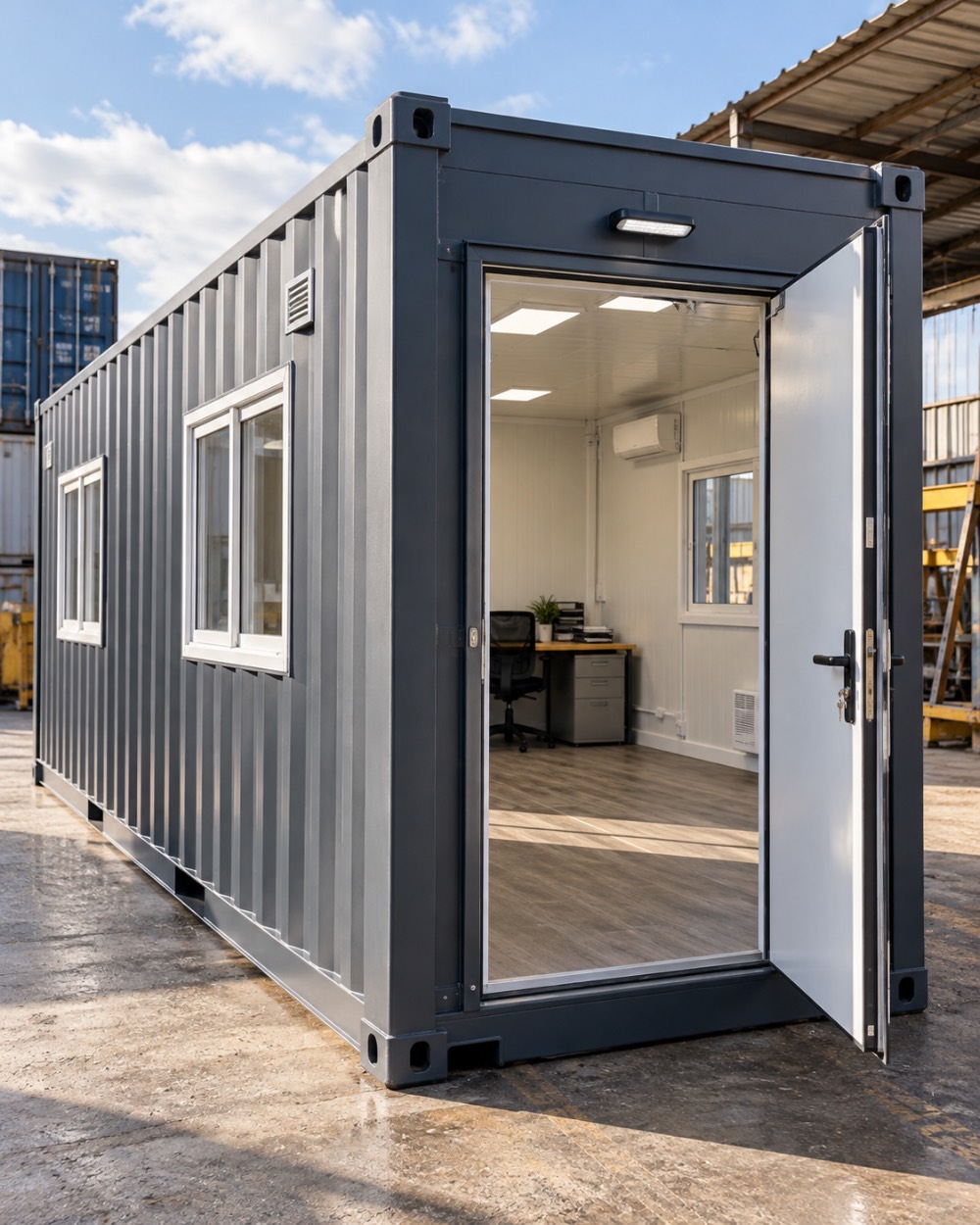 Container coibentato usato come ufficio in cantieri edili.