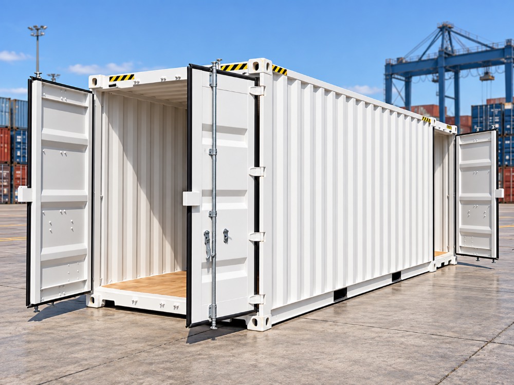 Container Double Door 20 piedi bianco con doppio accesso alle estremità, vista in area portuale