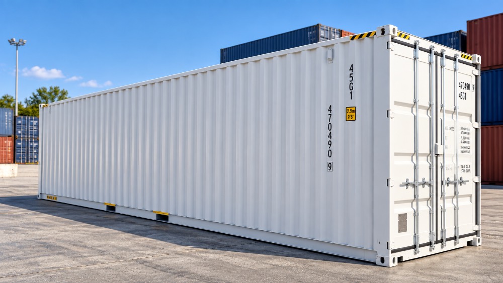 Container Double Door 40 piedi High Cube bianco, vista a tre quarti in piazzale logistico
