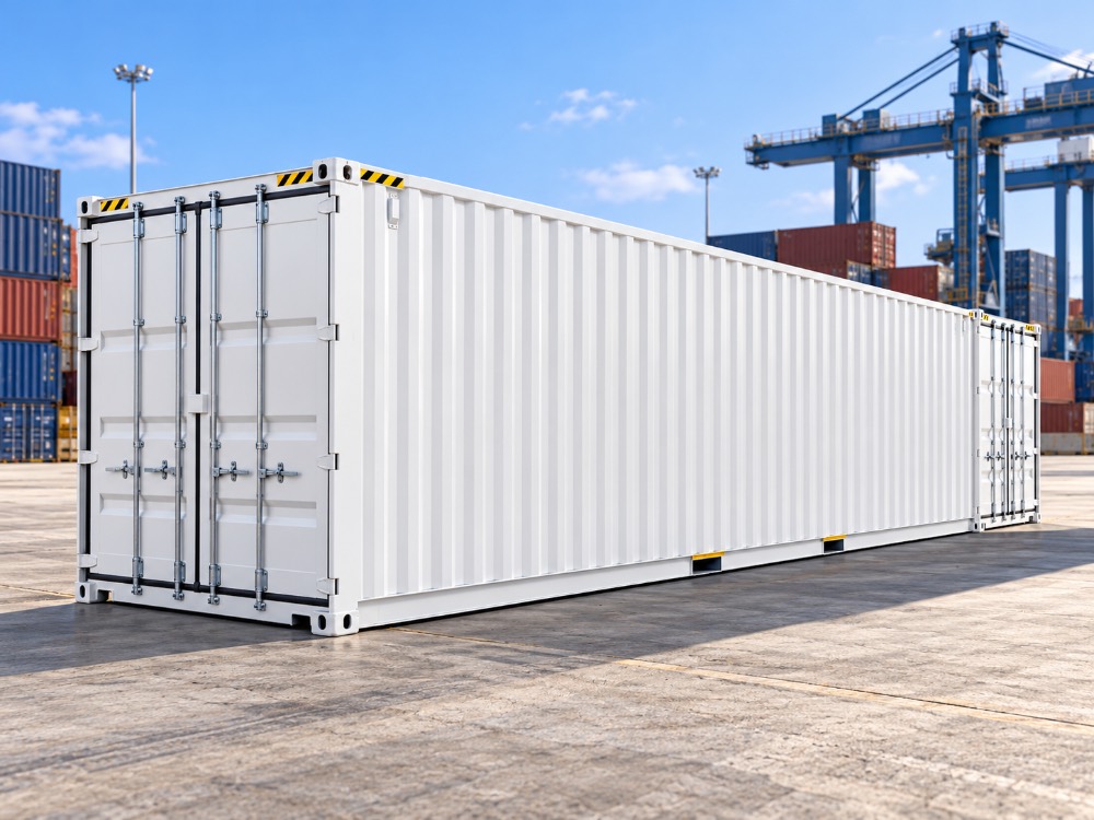 Container Double Door 40 piedi bianco con porte su entrambe le estremità, vista in terminal logistico