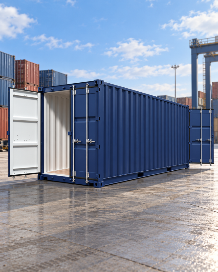 Container Double Door 20 piedi blu con doppio accesso alle estremità, vista a tre quarti in area logistica