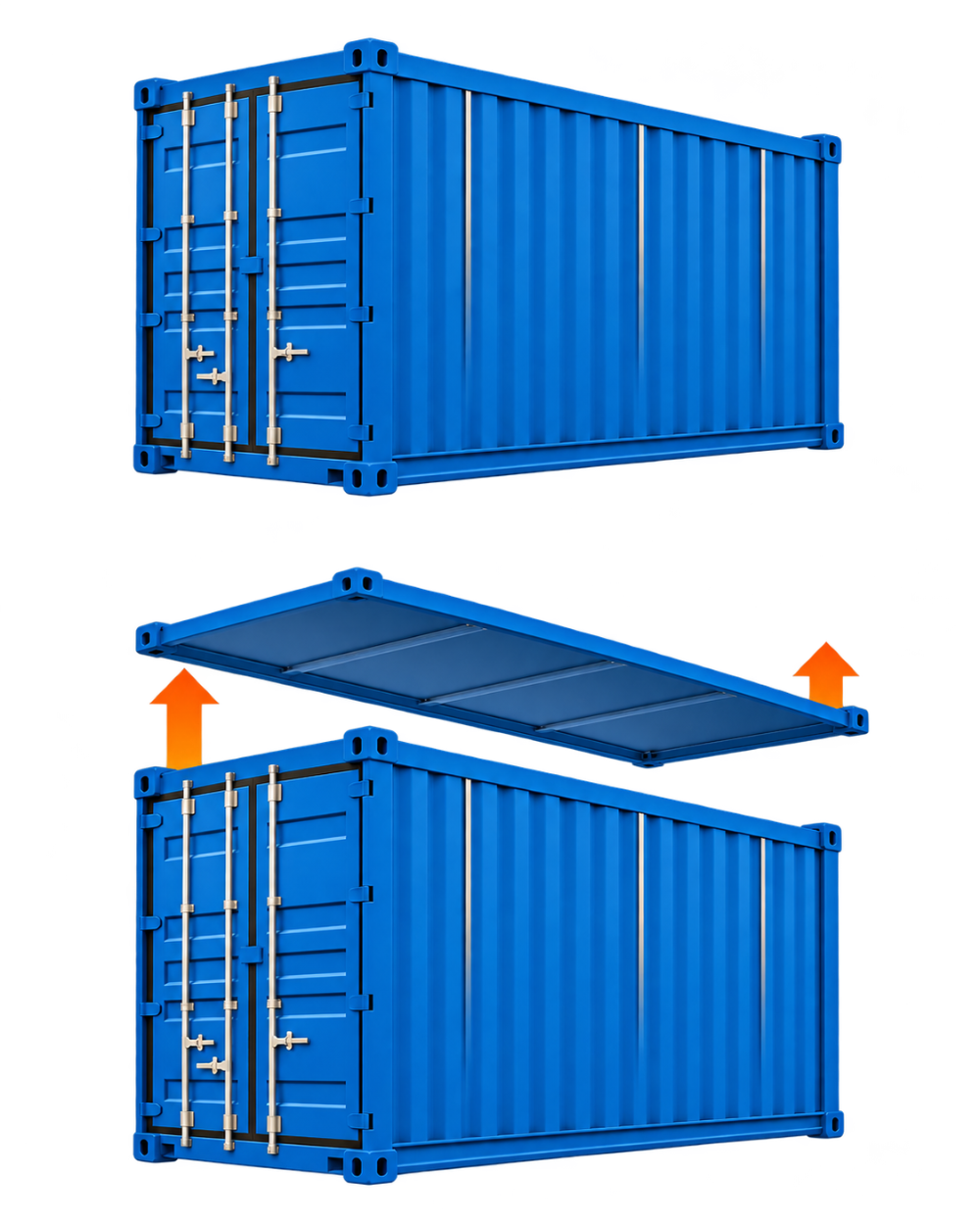Funzionamento del container Hard Top da 20 piedi con tetto in acciaio rimovibile: illustrazione del container chiuso e del sollevamento della copertura verso l’alto