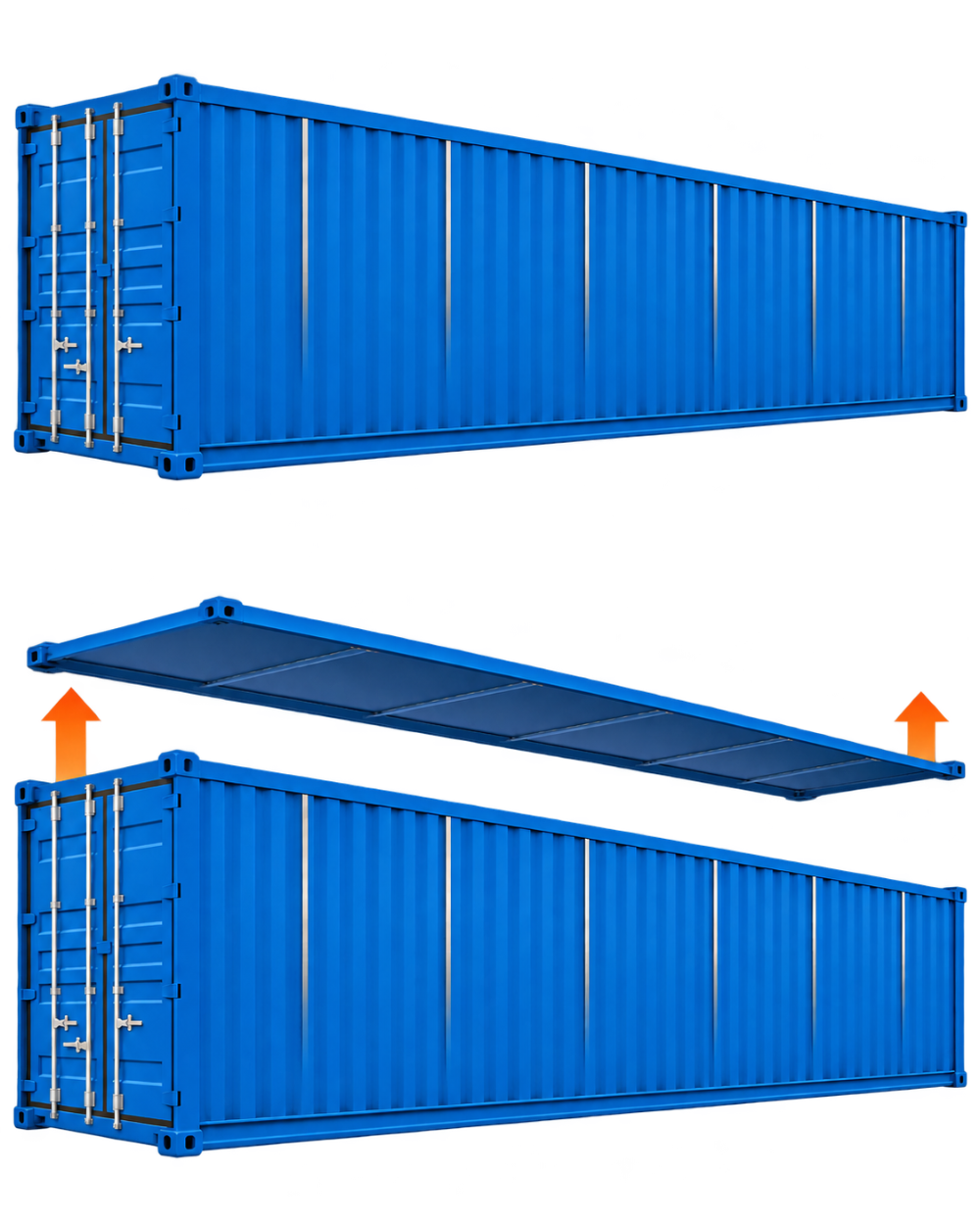 Funzionamento del container Hard Top da 40 piedi con tetto in acciaio rimovibile: illustrazione del container chiuso e del sollevamento della copertura verso l’alto