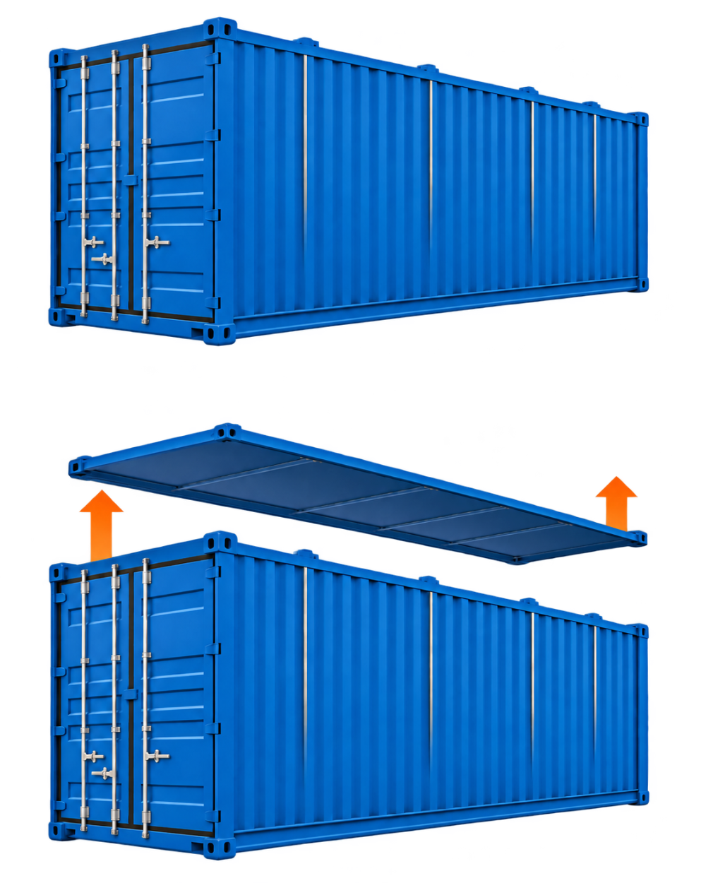 Funzionamento del container Hard Top con tetto in acciaio rimovibile: illustrazione del container chiuso e del sollevamento della copertura verso l’alto