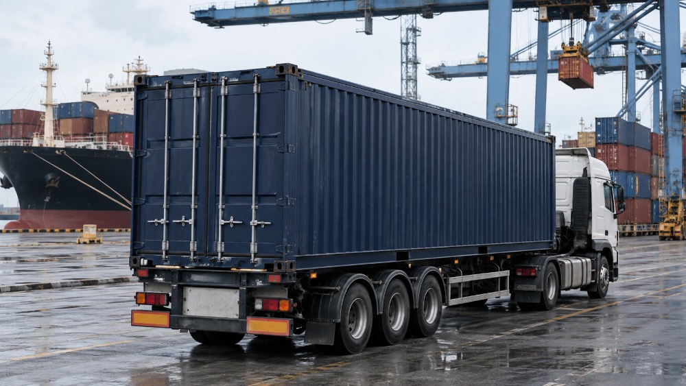 Container Hard Top con copertura rigida in acciaio su camion per il trasporto sicuro di merci industriali.