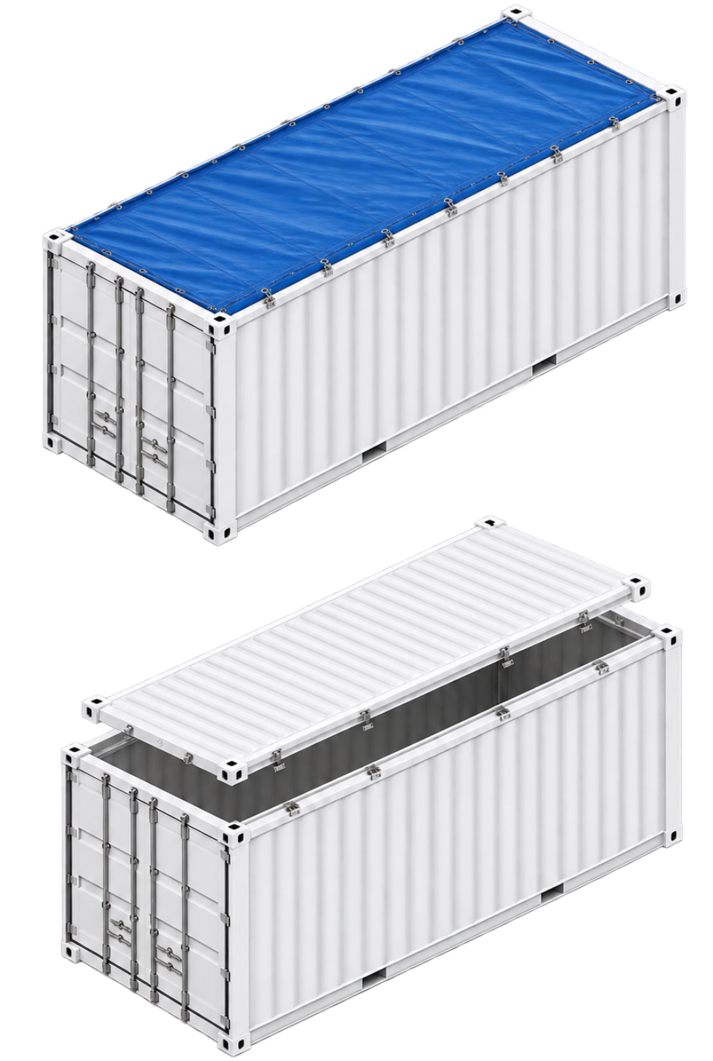 Rendering 3D di container Open Top e Hard Top bianchi: il primo con telone di copertura blu, il secondo con tetto rigido rimovibile sollevato.