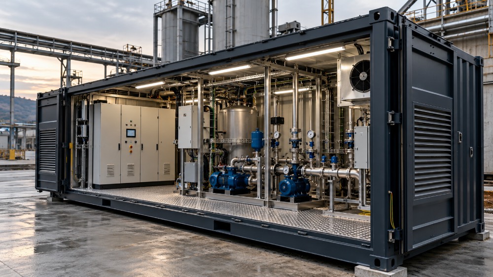 Container personalizzato come locale tecnico industriale, con quadri elettrici, pompe, tubazioni, sistemi di controllo e ventilazione.