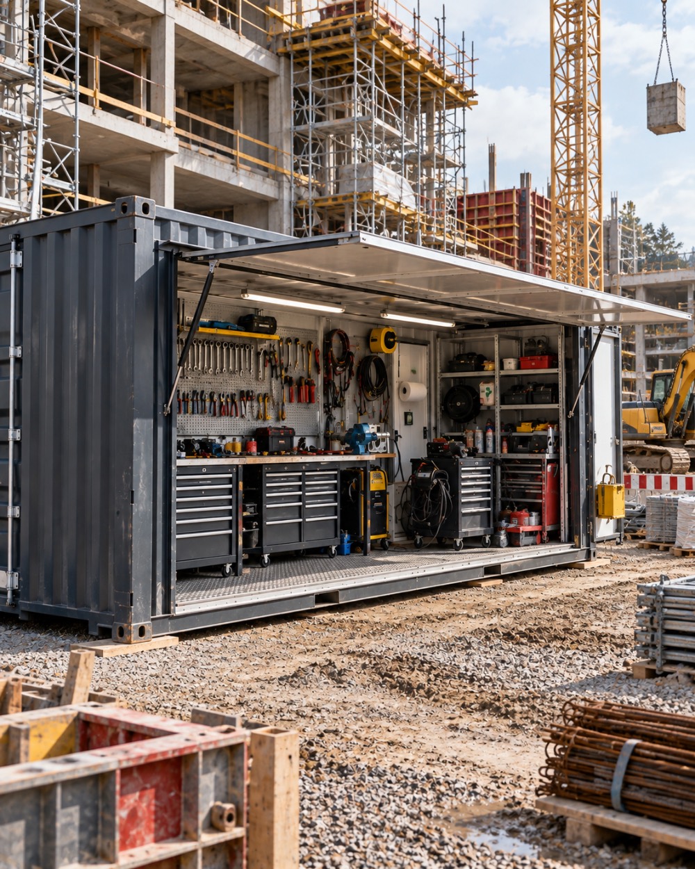 Container officina usato in un cantiere edile.