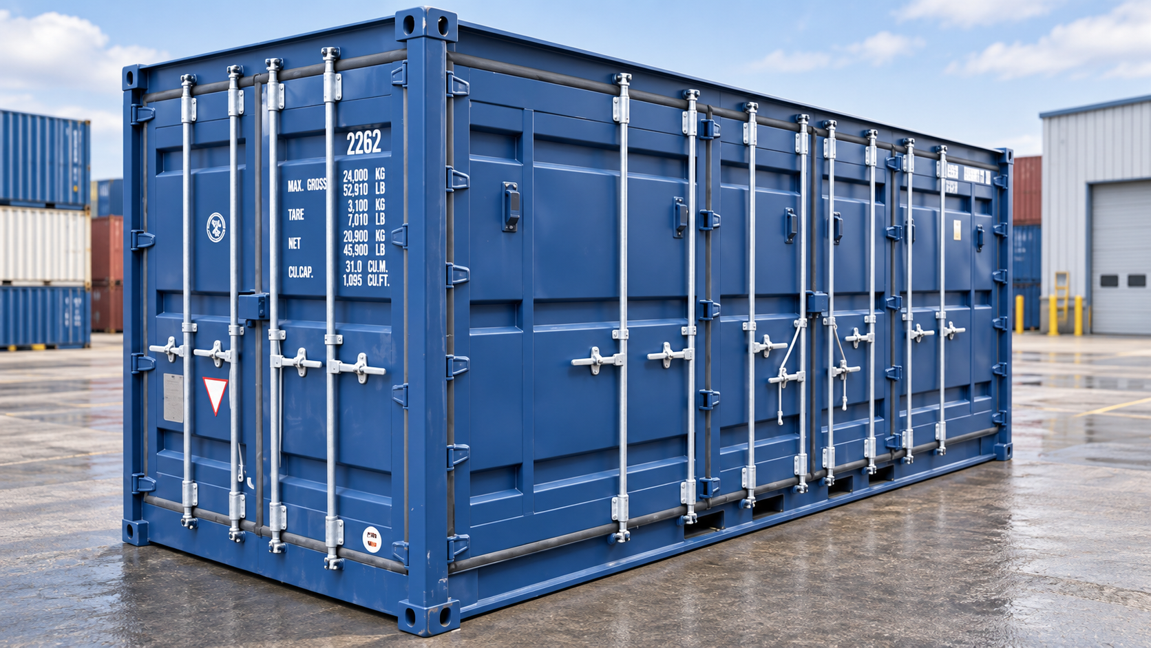 Container Open Side 20 piedi blu con porte laterali chiuse, vista a tre quarti in area logistica
