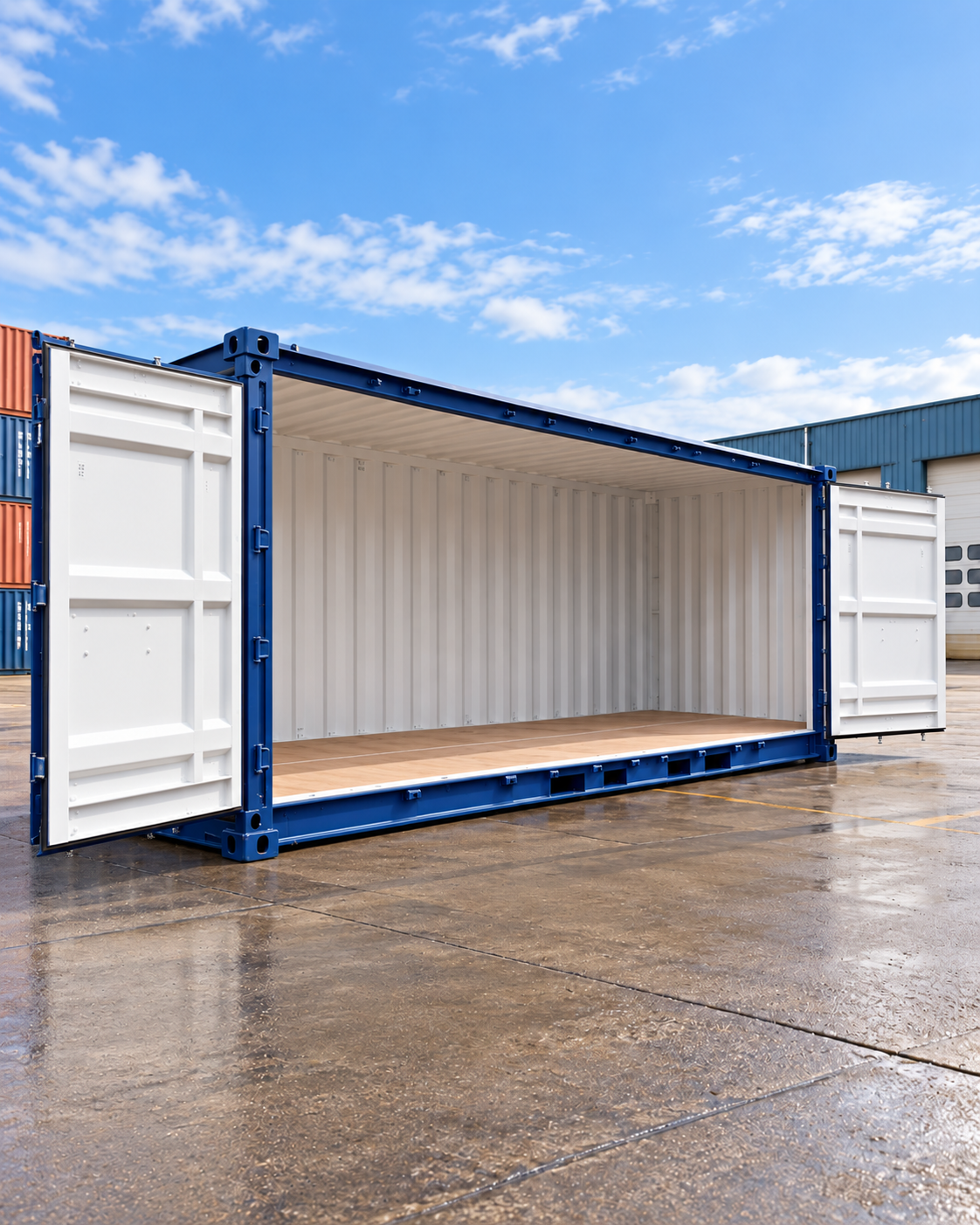 Container 20 piedi open side blu con apertura laterale completa e interno in legno