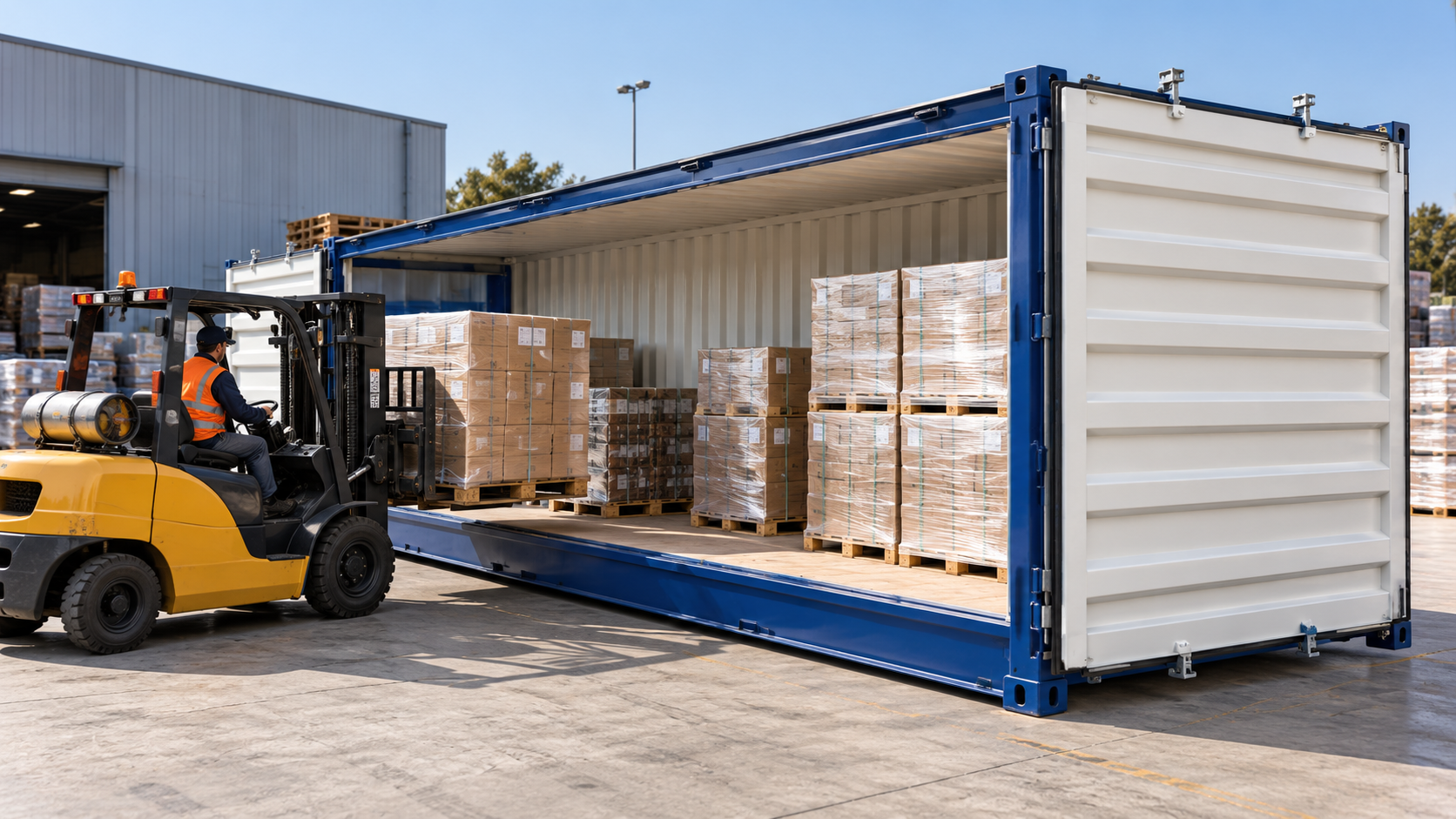 Container Open Side per carico laterale di pallet con carrello elevatore in area logistica