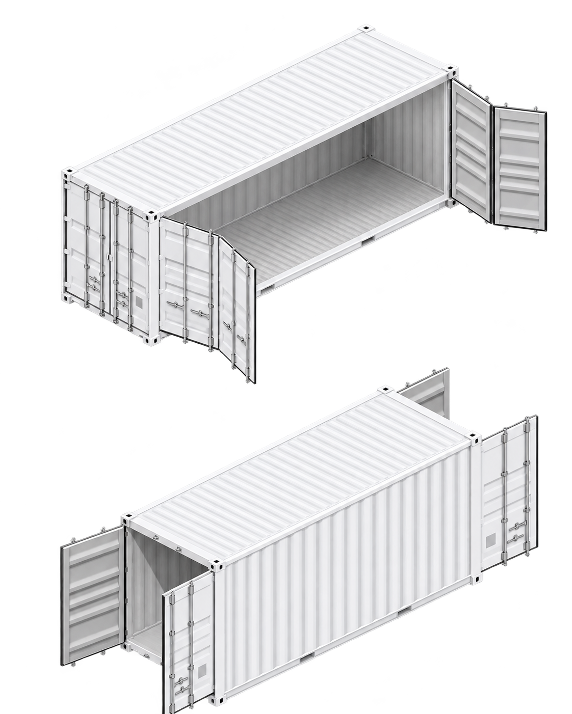 Rendering 3D di container Open Side e Double Door bianchi: apertura laterale completa e doppio accesso alle estremità, con porte aperte.