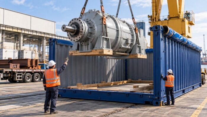 Container Open Top utilizzato per il carico dall’alto di un macchinario industriale con gru