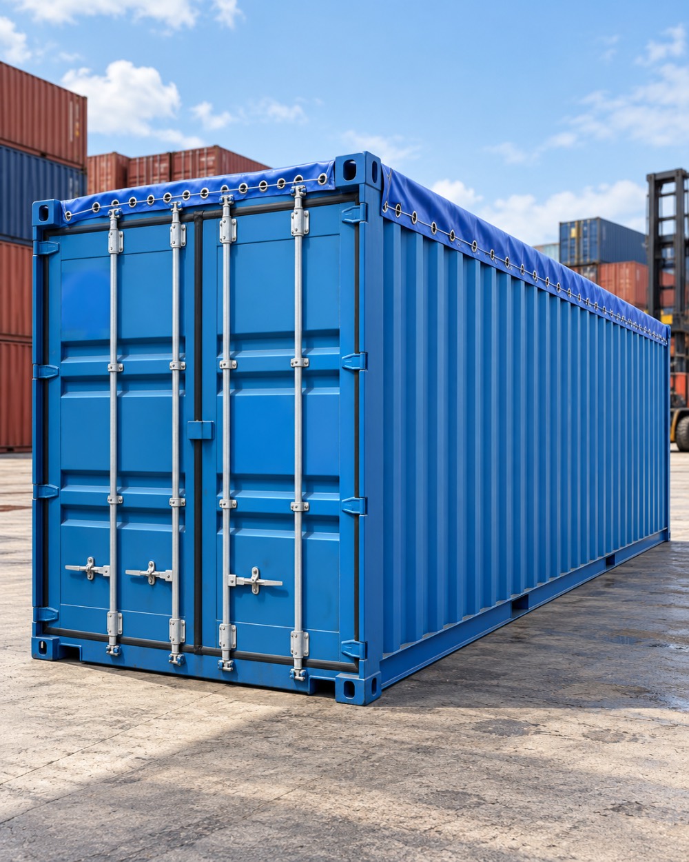 Container open top blu con telone superiore arrotolabile in contesto portuale