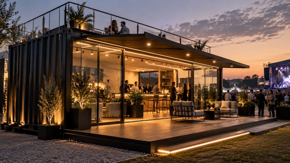 Container trasformato in Show Box per eventi, con ampie vetrate, terrazza panoramica, area lounge e illuminazione integrata.