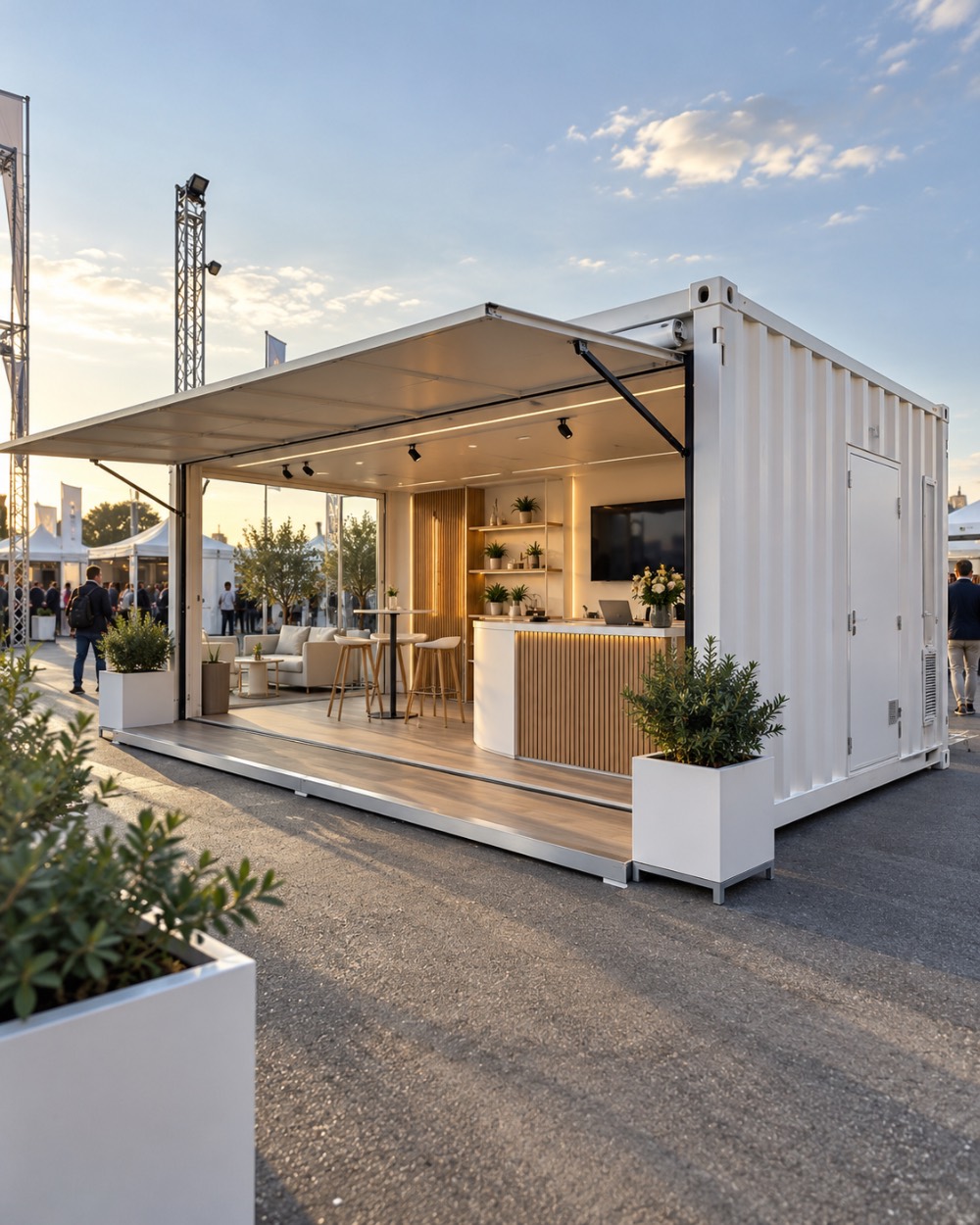 Container personalizzato trasformato in struttura temporanea per eventi, con apertura laterale, tettoia, area espositiva attrezzata e zona lounge.
