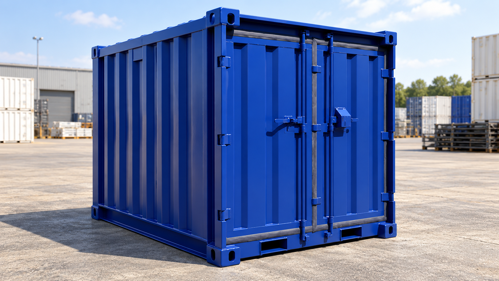 Container standard 8 piedi blu in area industriale, soluzione compatta per stoccaggio