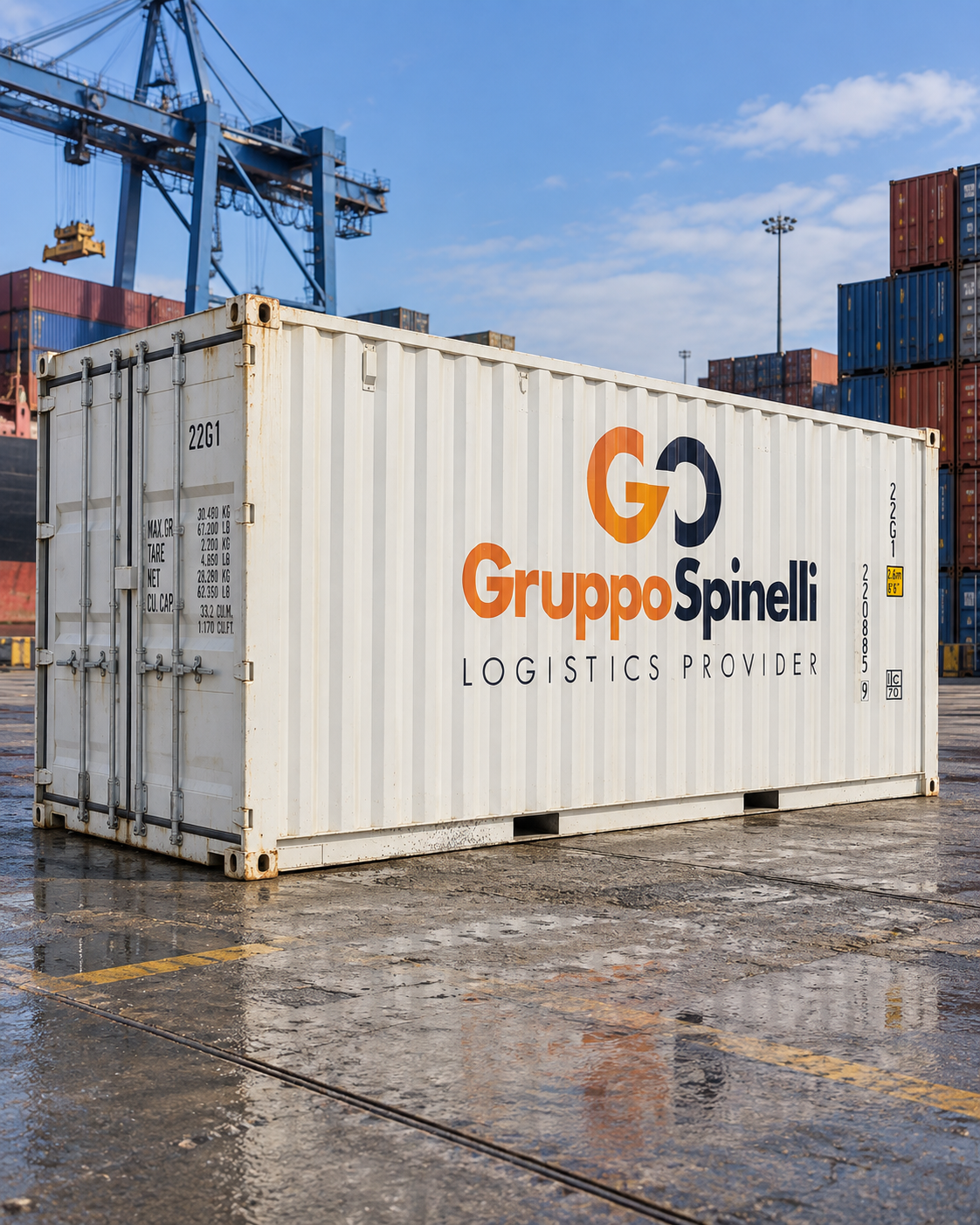 Container bianco Gruppo Spinelli in un terminal portuale, con gru e container sullo sfondo.