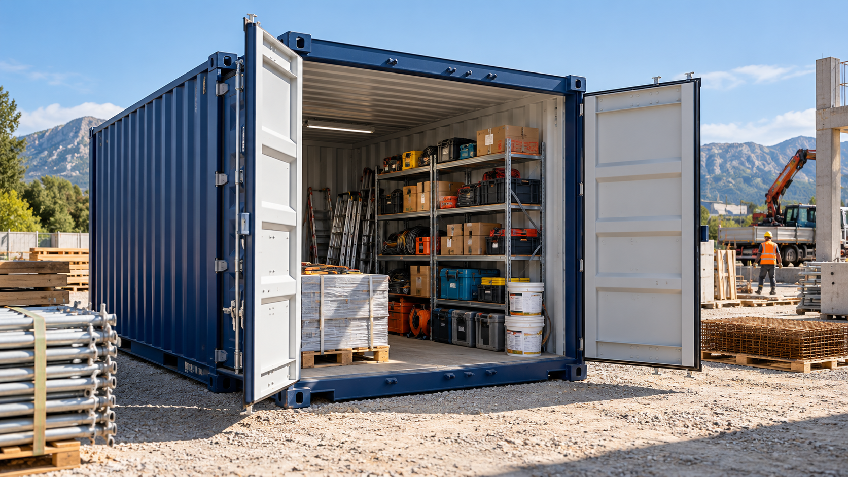 Container standard adibito a deposito e magazzino per attrezzature e materiali in cantiere