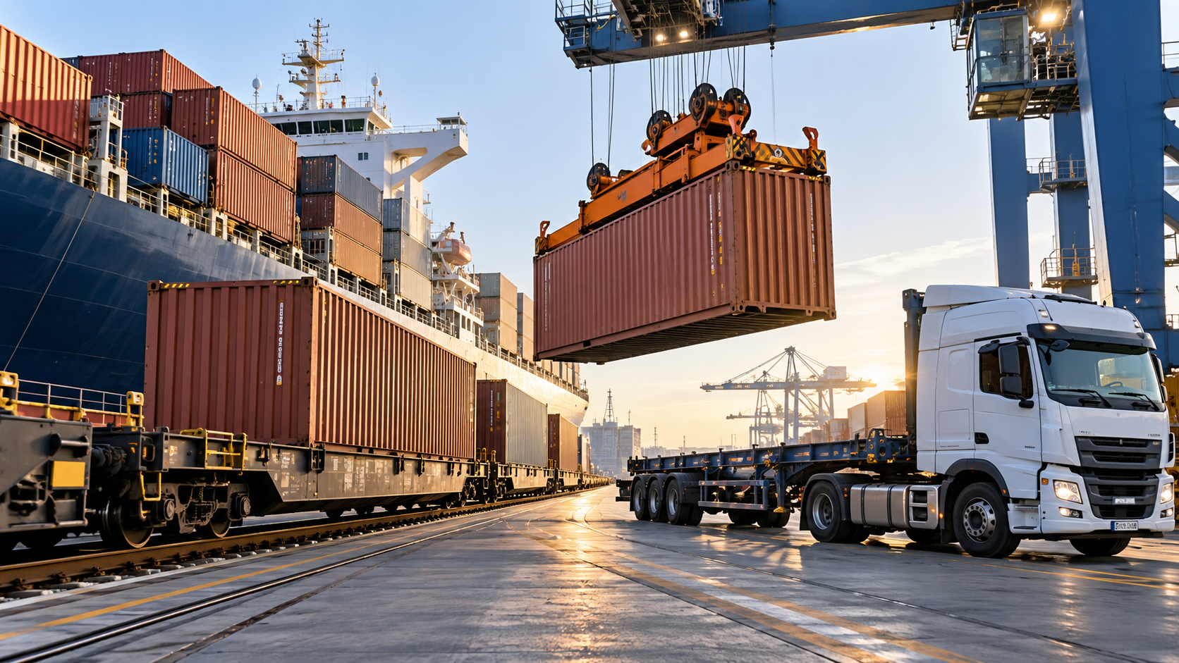 Container standard per trasporto intermodale via nave, treno e camion in terminal logistico