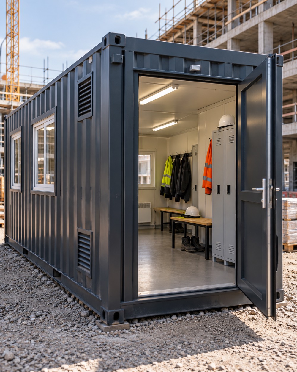 Container trasformato in spogliatoio per l'uso in cantiere edile.