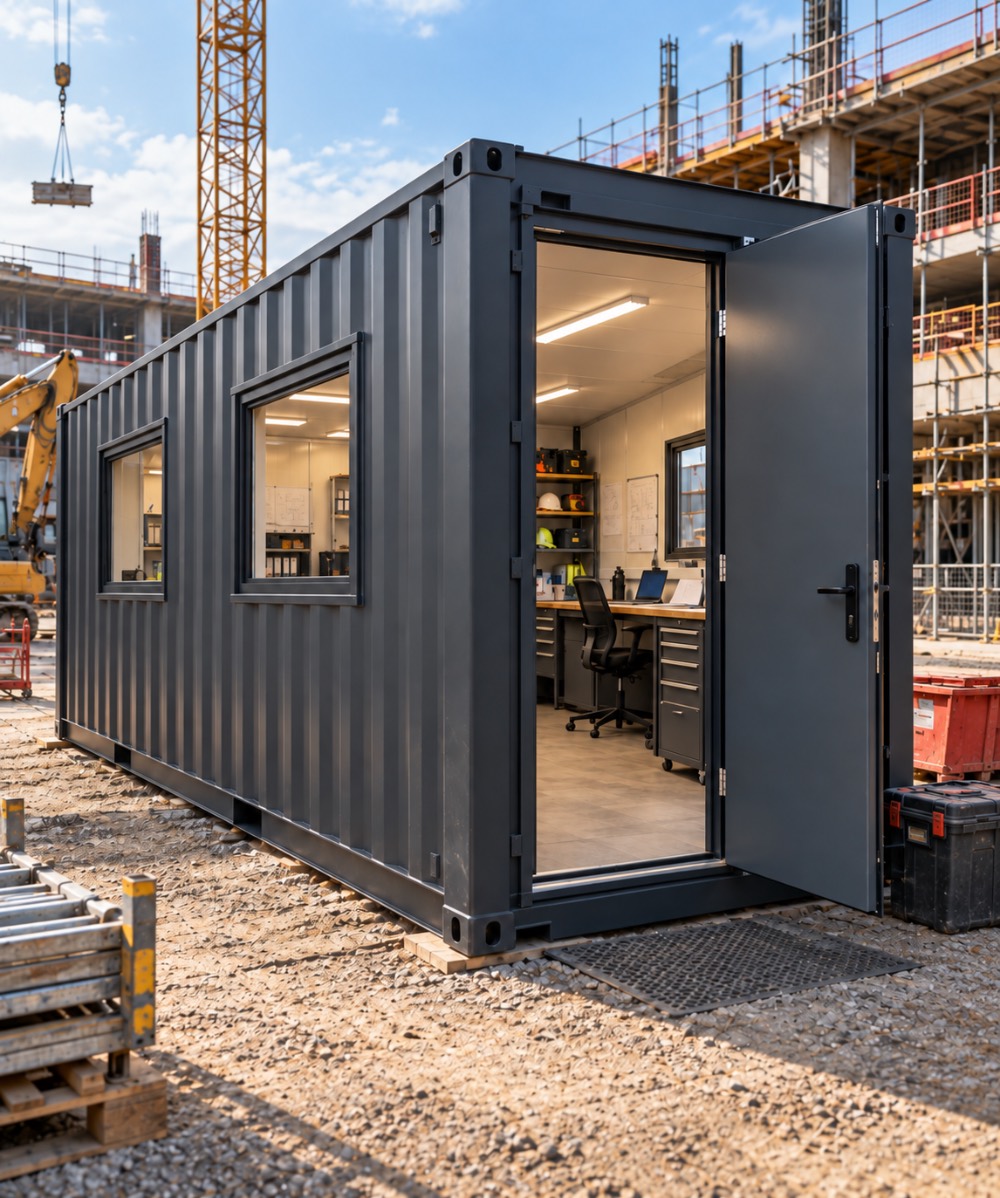 Container trasformato usato come ufficio in un cantiere edile.