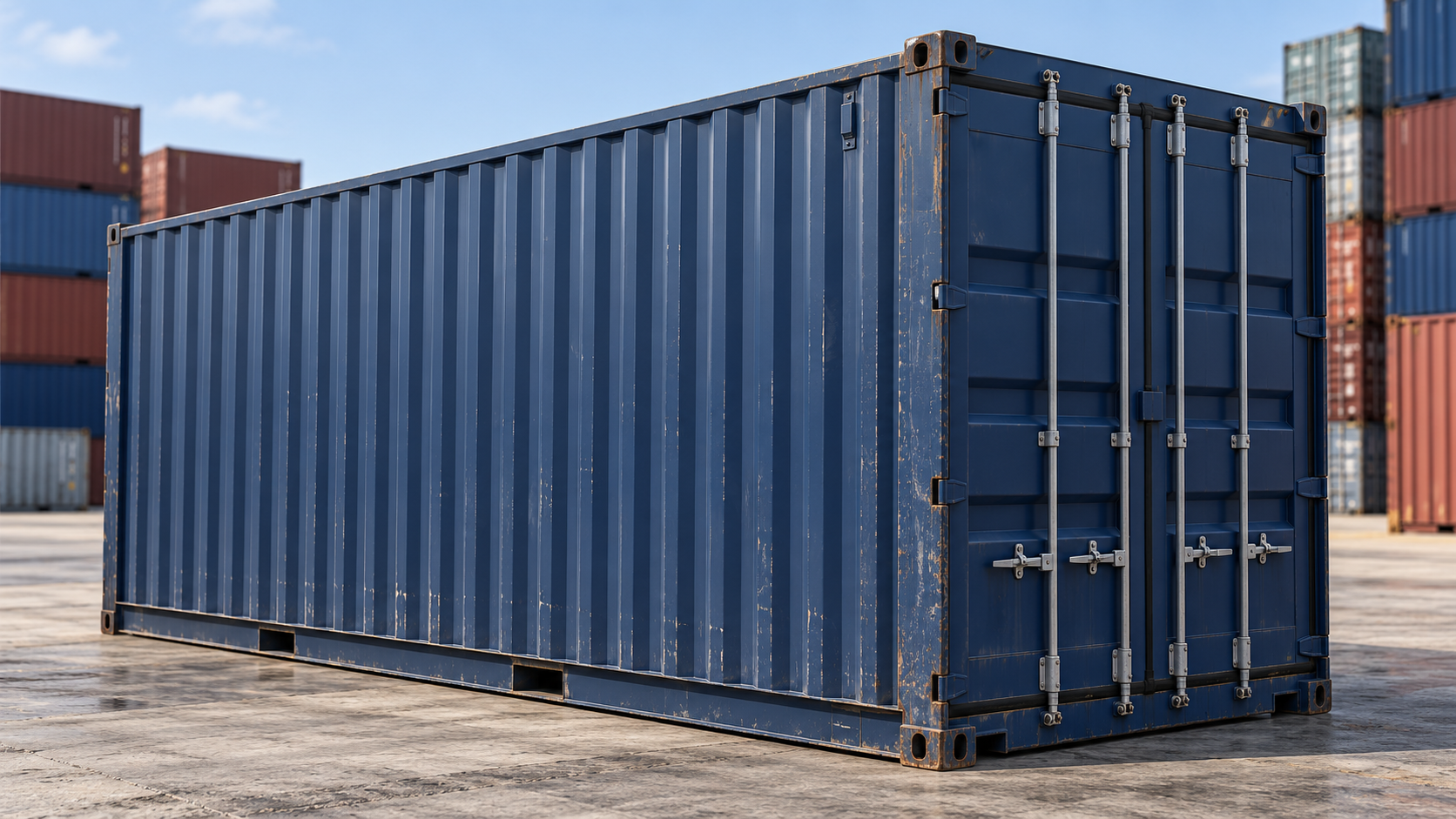 Container usato ricondizionato blu in terminal industriale, soluzione a costo contenuto