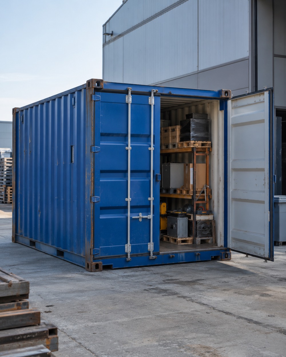 Container uso deposito in acciaio con porte aperte, utilizzato come magazzino per lo stoccaggio di attrezzature e materiali industriali.
