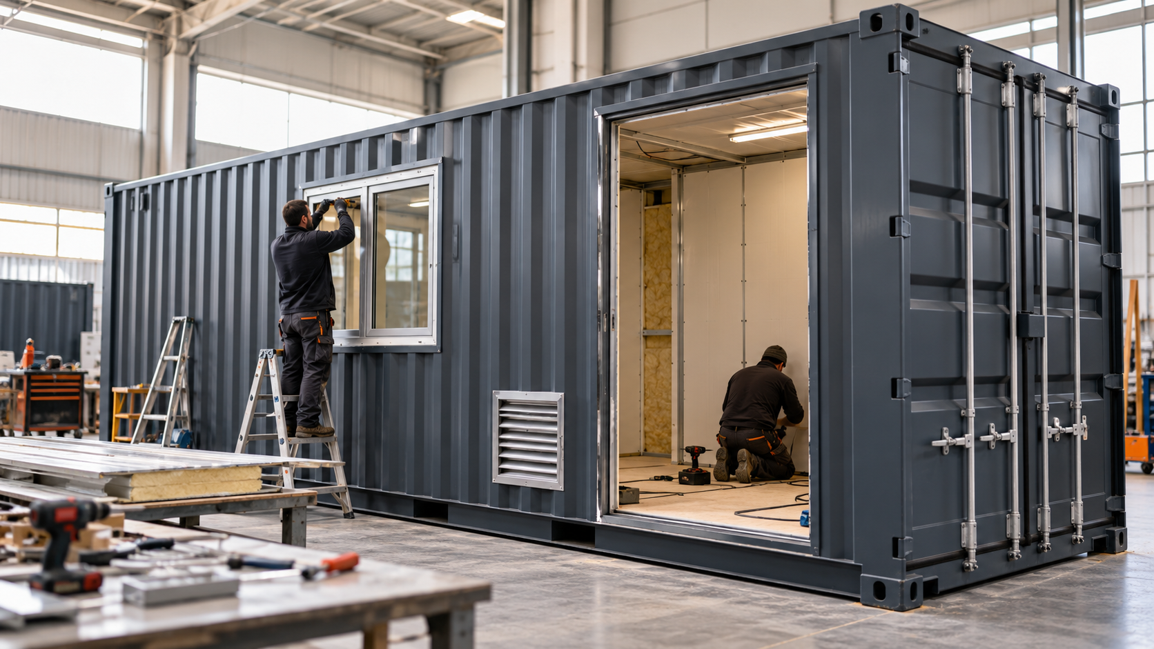 Container standard in lavorazione per modifiche, coibentazione e allestimenti interni