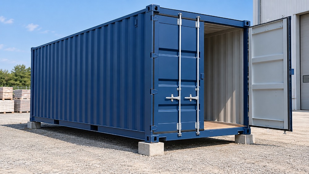 Container uso deposito installato su terreno in ghiaia compatta, con supporti in cemento ai quattro angoli per mantenere il fondo sollevato.