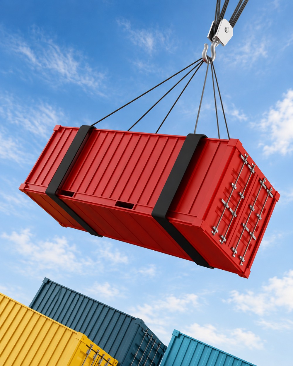 Container marittimo rosso sollevato da una gru mediante fasce di sollevamento, sopra un deposito di container industriali.